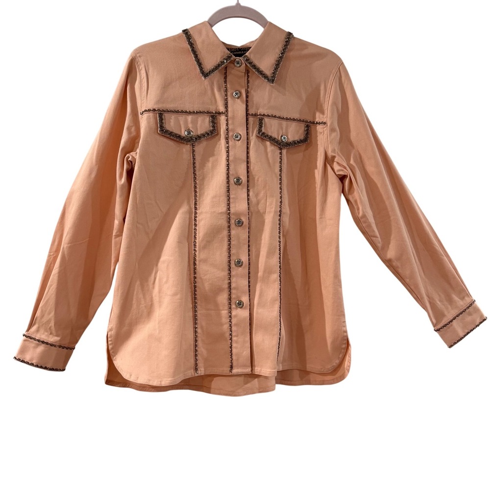 Bob Mackie Beaded Button Down Shirt Women M Cotton Blend western Y2K rodeo glam